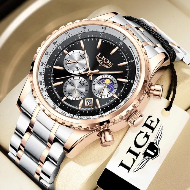 LIGE Neue Herrenuhren Top-marke Luxus Männer Armbanduhr Leder Quarzuhr Sport Wasserdicht Datum Chronograph schwarz/gold