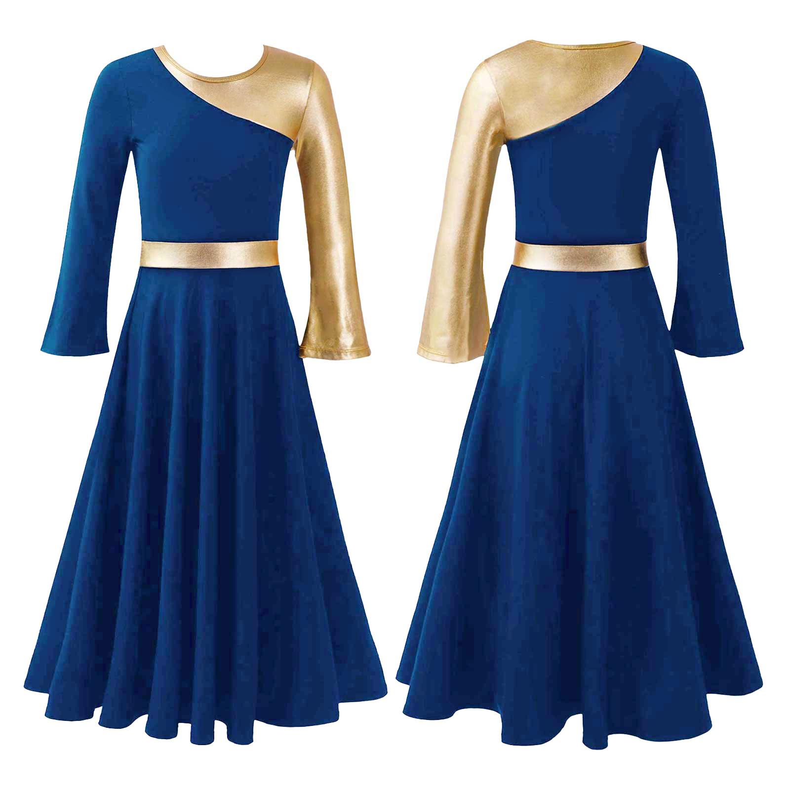 Kinder Mädchen Liturgisches Lobpreis-Tanzkleid Bell-Bottom Langarm Lyrische Kleider Anbetungskostüm Kirche 3-4 Years königsblau