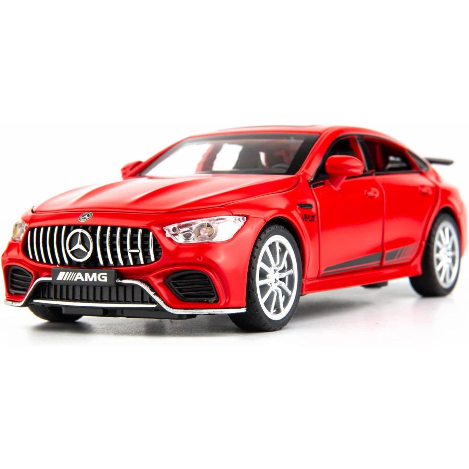 1/32 Benz AMG GT63 Modellauto, Legierung, Druckguss, Rückzieh-Spielzeugauto mit Ton und Licht, Tür kann geöffnet werden, Spielzeugfahrzeug für Kinder, Geschenk 1/32-Size:15.5*6.5*4.5cm rot