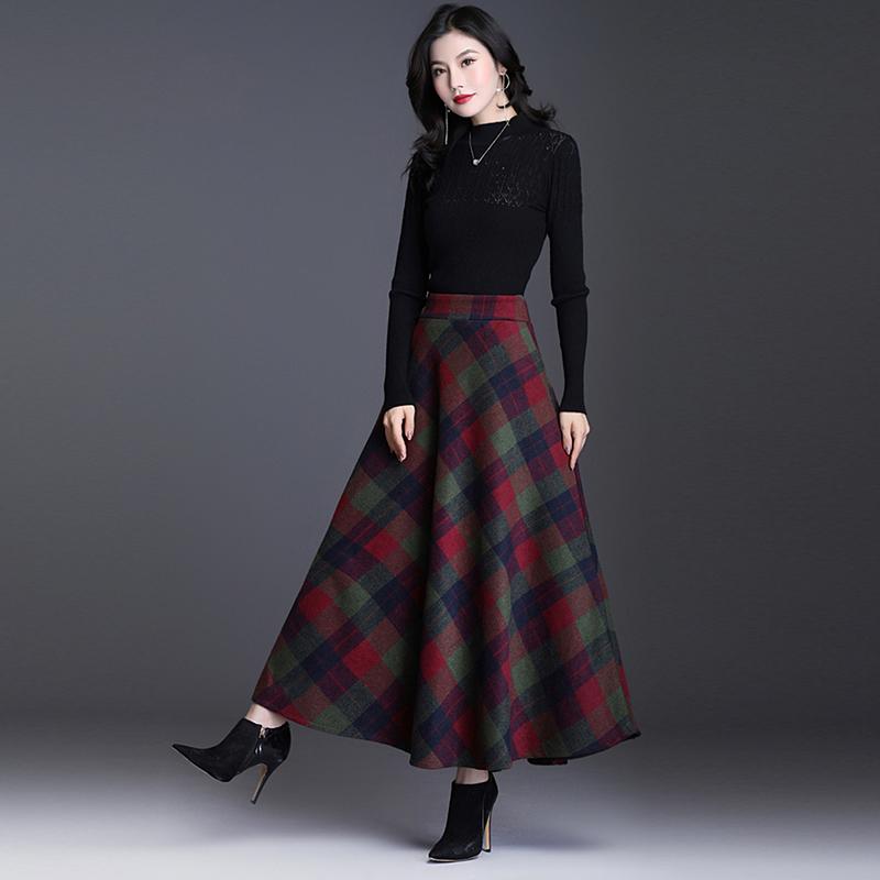 Plus Size Damen Karierter Rock Dicker Warmer Eleganter Langer Rock mit hoher Taille Winter Lässiger Wolllanger Karierter Rock Weiblicher Rock XS grün