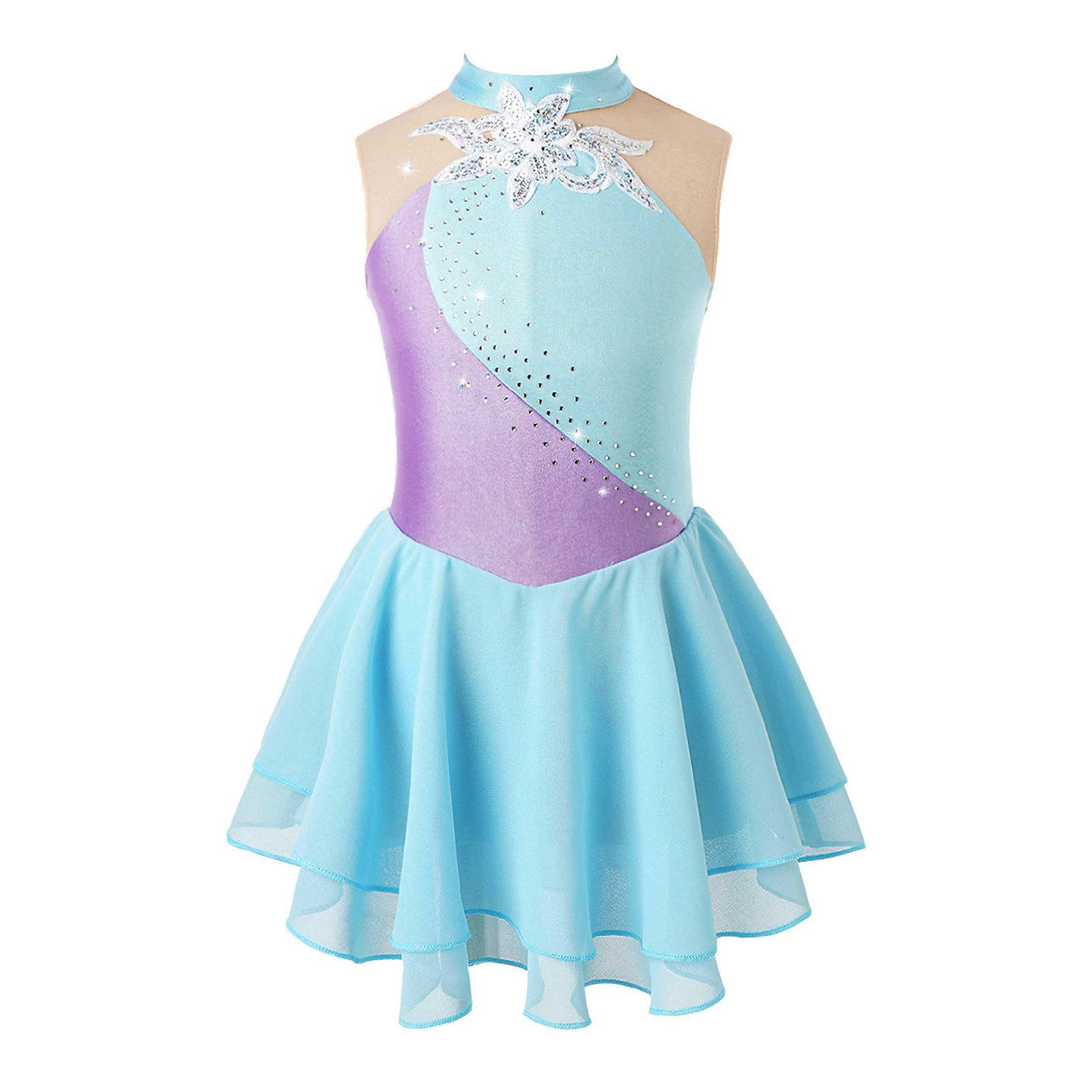 Kinder Mädchen Eiskunstlauf Kleid Strass Mesh Splice Ärmelloses Ballett Tanz Kleid Gymnastik Trikot Leistung Kostüme 9-10 Years hellblaue