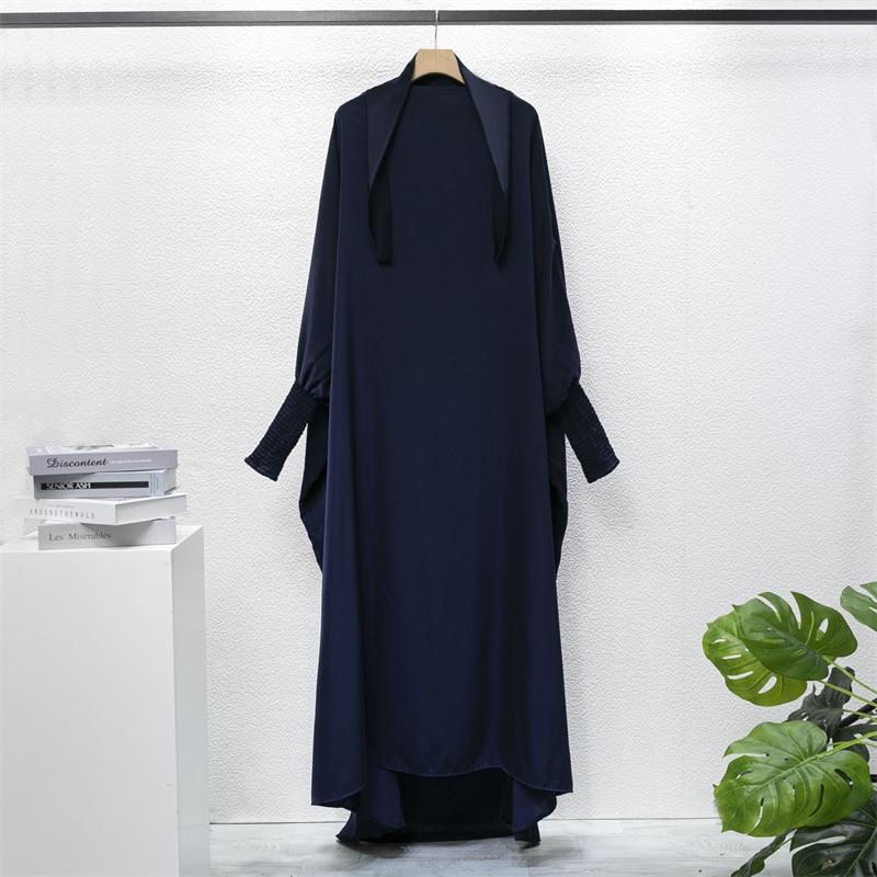 Einteiliges Gebetskleid mit Kapuze und gesmokten Ärmeln, Jilbab für Frauen, islamische Kleidung, Dubai, Saudi-Arabien, schwarze Robe, türkische Bescheidenheit One Size dunkelblaue