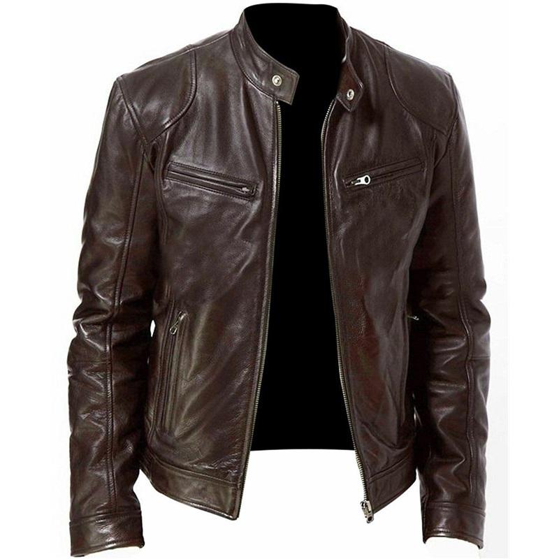 Herren Lederjacke Jugend Stehkragen Punk Motorrad Lederjacke Stilvoll Langlebig Bequem Modische Oberbekleidung 3XL braun