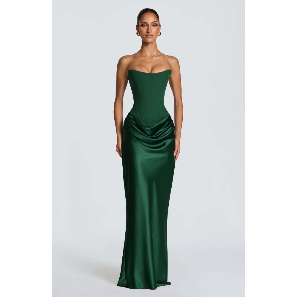 Damen trägerloses ärmelloses Maxikleid schmal geschnitten hohe Taille sexy Satin Meerjungfrauen-Abendkleid mit abnehmbarem Schal XL grün
