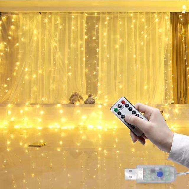 8 Farben Vorhang Girlande Led Lichterketten Festival Weihnachtsdekoration 8 Modi USB-Fernbedienung Ferien Lichterketten für Schlafzimmer Zuhause 3M(W)x3M(H) 300 LEDS warm weiße