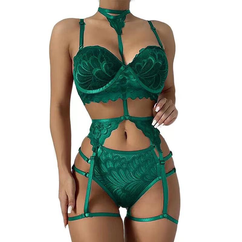 Dreiteiliges Nachthemd mit Neckholder und Pailletten für Damen in Übergröße, sexy Unterwäsche, Sex-Unterwäsche-Set, Geschenk für Damen M grün