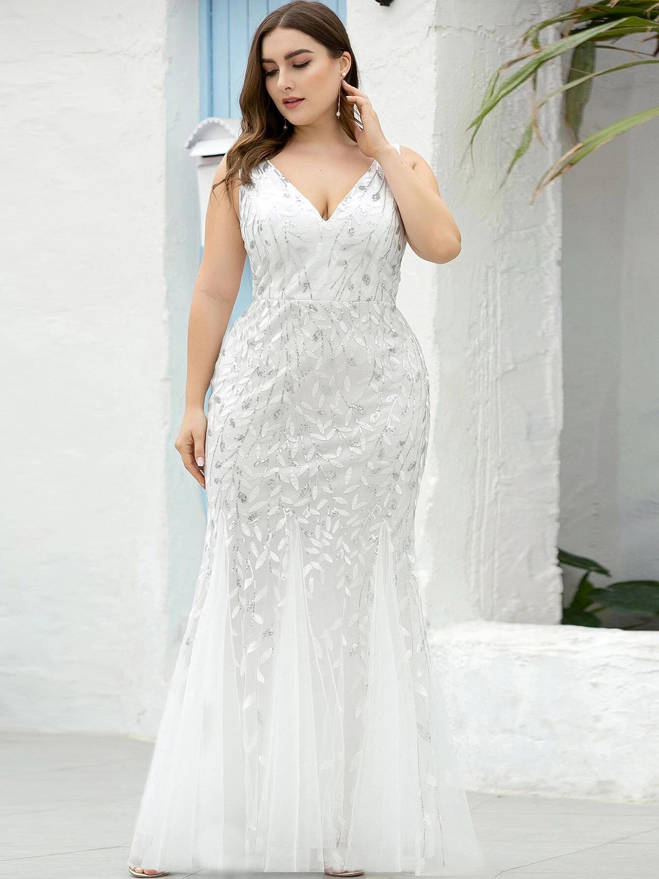 Abendkleid im Meerjungfrauen-Stil mit V-Ausschnitt, bestickten Pailletten und Tüll M weiß