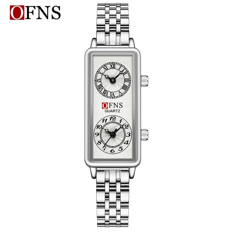 Dual Movement Uhr Damen Quarz Armbanduhr Luxus Damen 2 Zeitzonen Uhr Edelstahl Schwarzes Leder Uhr STEEL STRIP silber