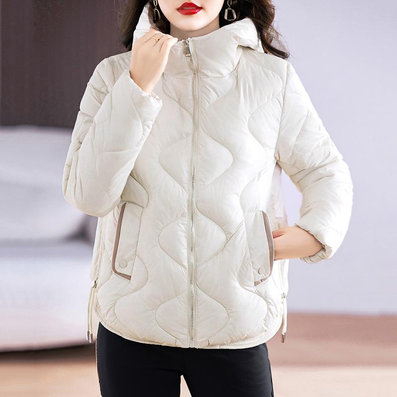 Damen Parka Winter Verdicken Warme Parka Lässig Einfarbig Wellenmuster Große Tasche Lose Kurze Kapuzenmantel Jacken Outwear XXL beige