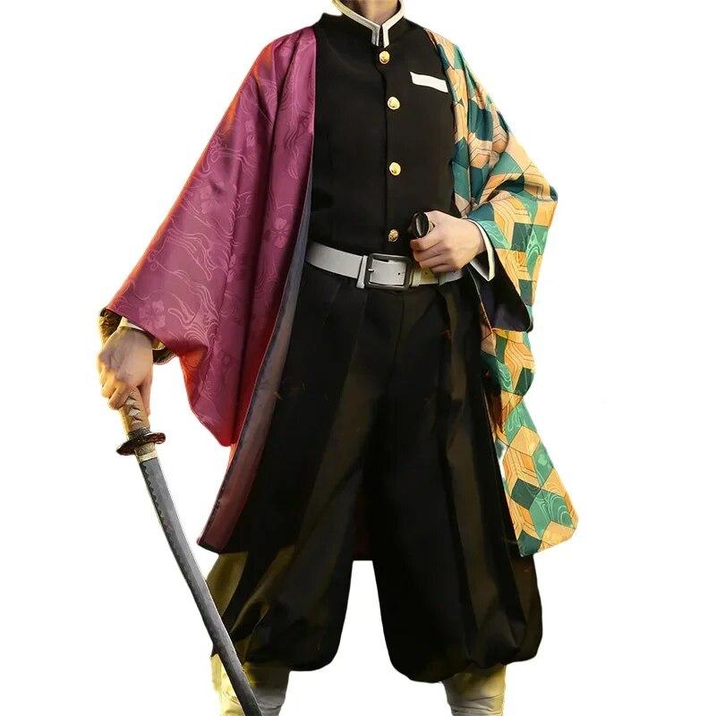 Anime Demon Slayer: Tomioka Giyuu Cosplay Kostüme Kimetsu No Yaiba Kimono Mantel Mann Mantel Futter Hose Perücke Halloween Kostüme L-(Costume+Wig)