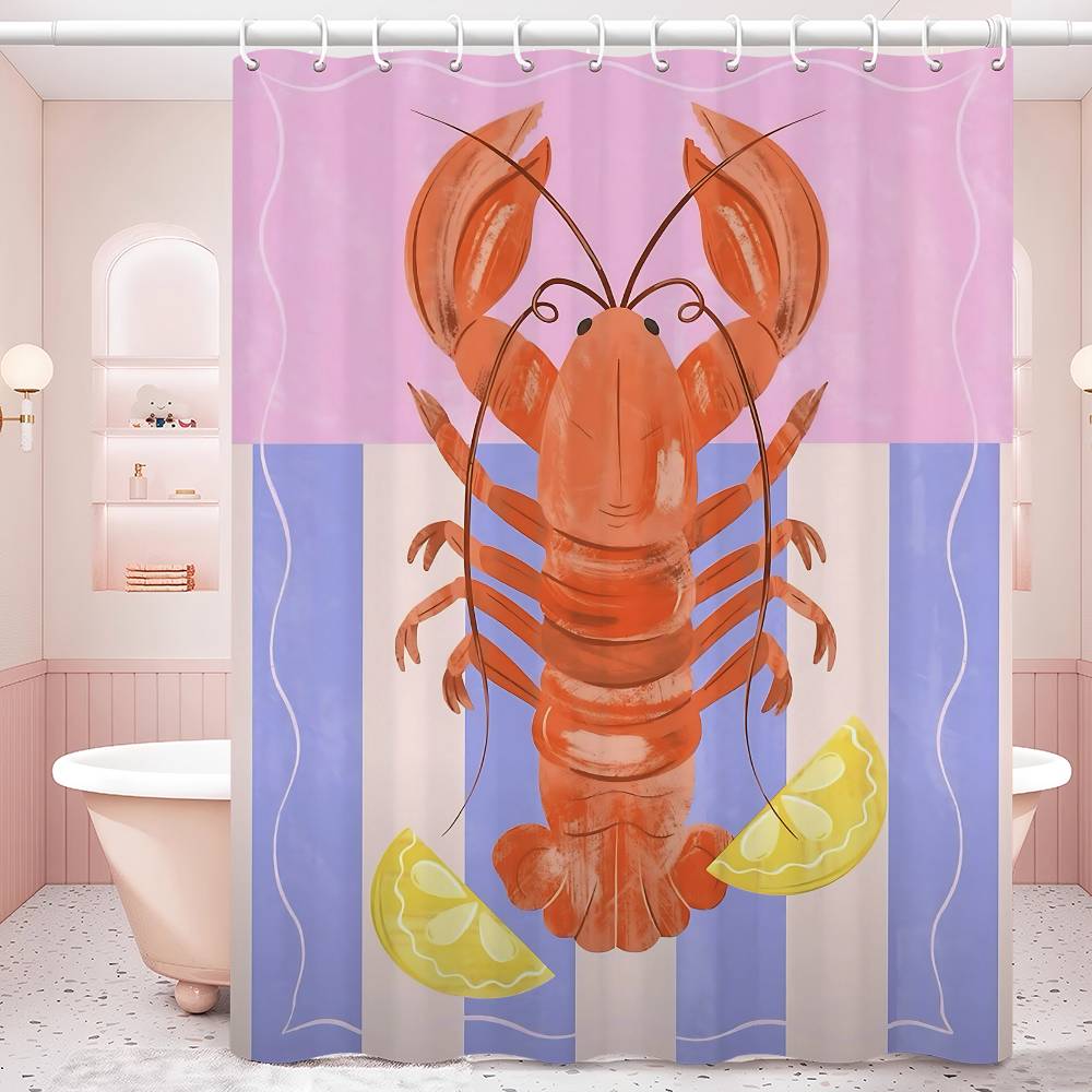 Bunte Sardine Hummer Fisch Ozean Badezimmervorhang Klassischer Anime Stoff Duschvorhang mit 12 Haken Wasserdichte Badezimmerdeko 180x200 cm