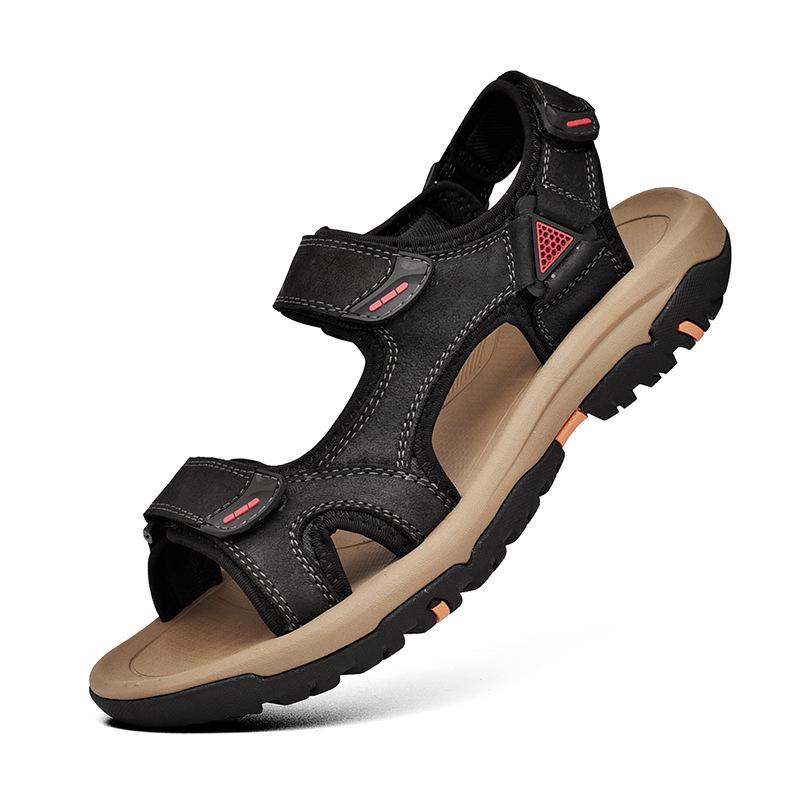 Herren Leder Sommer Outdoor Sports Sandalen Weiche Sohle Outdoor Atmungsaktiv Neue Flut Übergröße Klett Strandschuhe 37 black