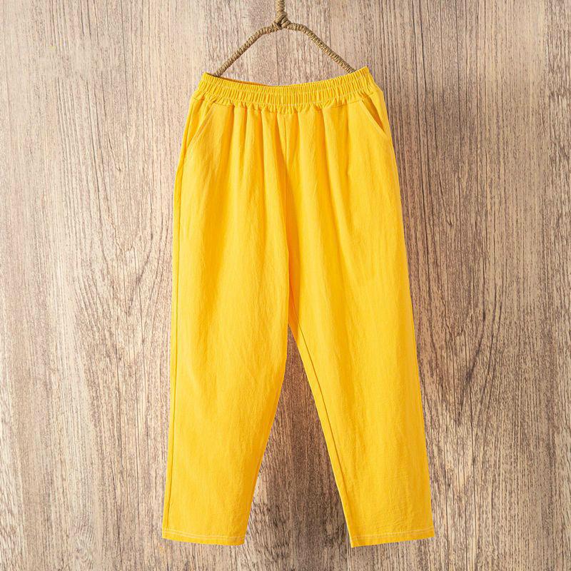 Frauen Sommer Casual Lose Harem Hosen Elastische Taille Baumwolle Leinen Hosen Neunte Hosen L gelb