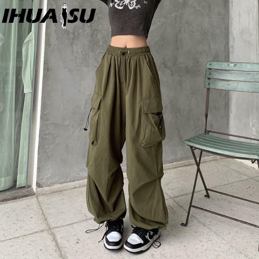 IHUASU Damen Hip Hop Cargo Hose Baggy Einfarbig Elastischer Bund Hose Locker Atmungsaktiv Damen Hose XXXL armee grüne