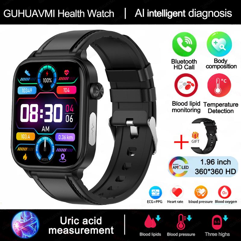 2025 Neue EKG+PPG Blutfett Harnsäure Gesundheits-Smartwatch Herren Herzfrequenz Blutdruck Bluetooth Anruf Smartwatch Damen Black-Leather
