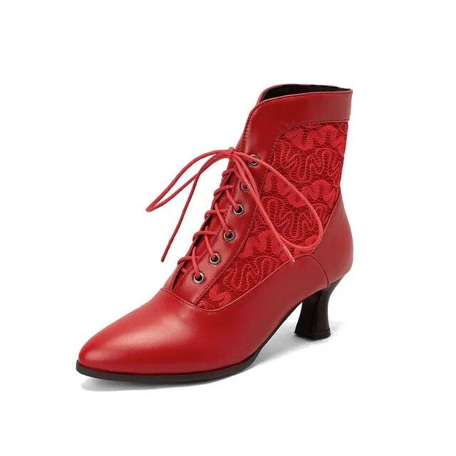 Viktorianische Stiefeletten für Damen, Leder, Spitze, Absatz, Schuhe für Damen, modisch, mit Schnürung, gespleißt, Damen-High-Heels, Damenstiefel, Knöchelgröße 46 42 rot