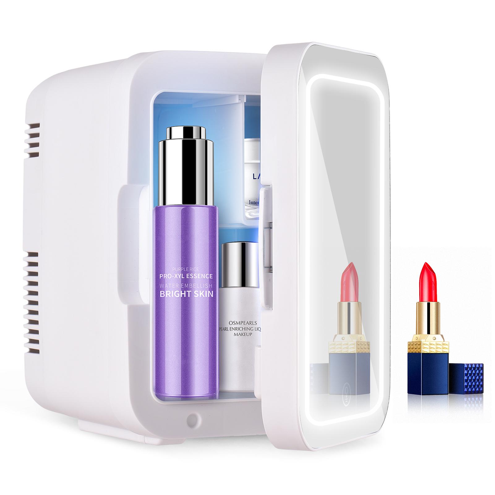 Aoresac Mini-Kühlschrank, 4 l Fassungsvermögen, tragbarer Kühler und Wärmer, Hautpflege-Kühlschrank mit dimmbarem LED-Spiegel US Plug weiß