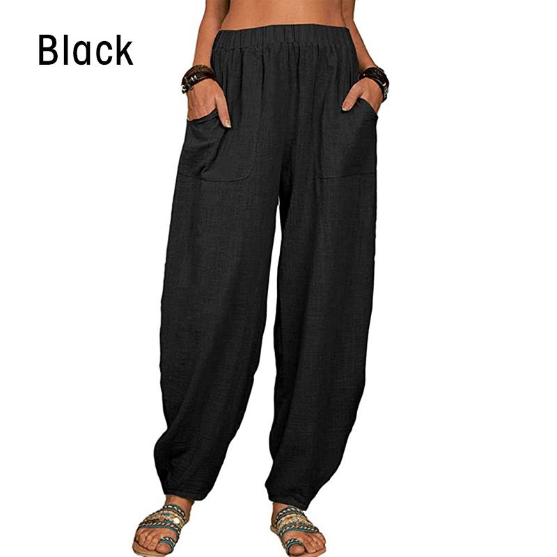 Frauen Vintage Harem Hosen Beiläufige Lose Feste Elastische Taille Baumwolle Leinen Breite Bein Hosen Sommer Unregelmäßige Hosen L schwarz