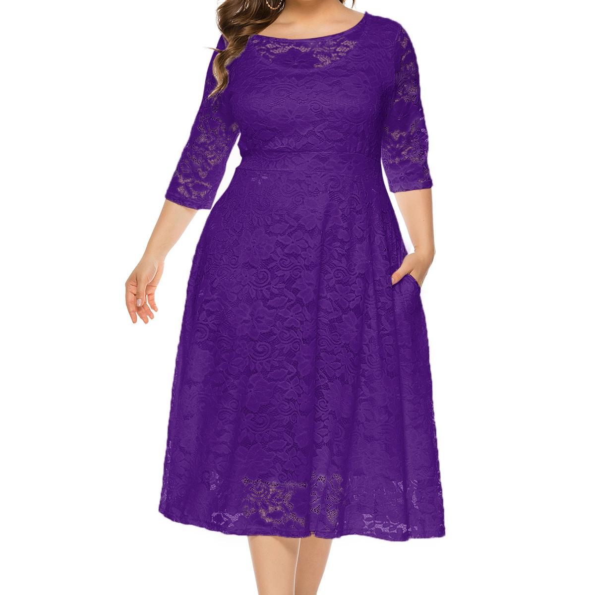 Plus Größe Xl-6xl Neue Mode Beliebte Abendkleid Mittlerer Länge Hohle Spitze Frauen Kleider Rot Weiß Schwarz Blau Grün Kleidung XXXL violett