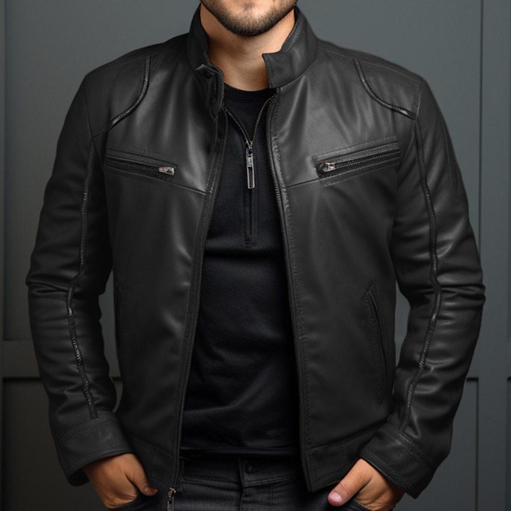Herren Business Lederjacke für Frühling und Herbst, Modische Stehkragen Freizeit Lederjacke für Herren 3XL schwarz
