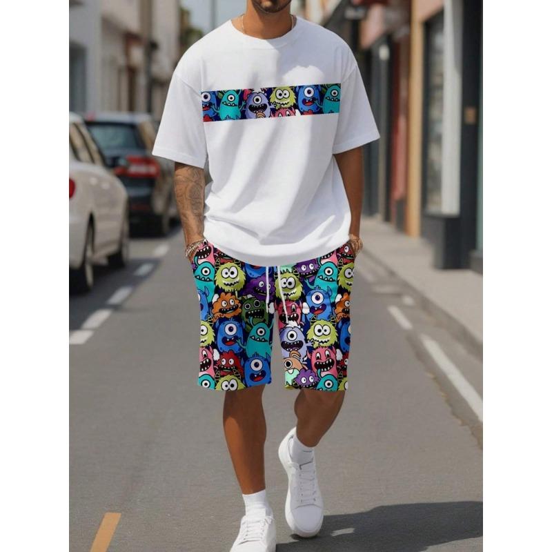 Einfacher Marmor-3D-Druck, lässiges Sommer-Oberteil und Shorts mit Rundhalsausschnitt für Herren, urbane Street-Fashion, Herrenanzug, alltäglicher, lässiger Komfort 2XL