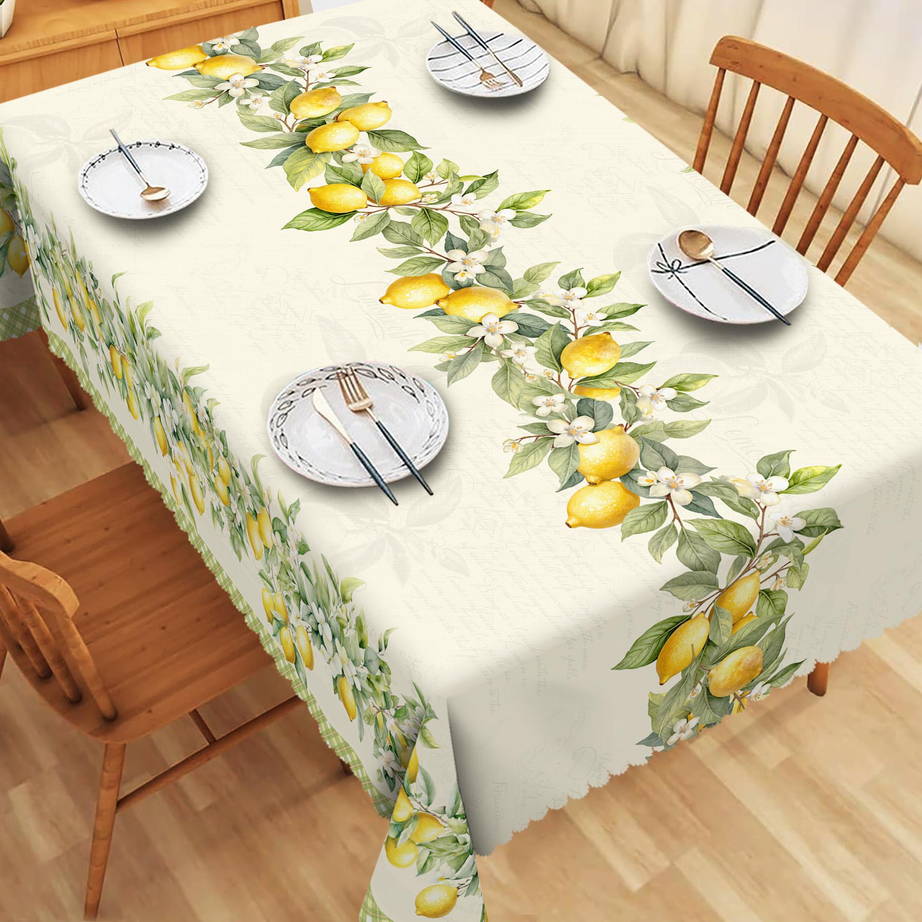 Sommer Zitrone Floral Büffelkaro Tischdecke Feiertags-Partydeko Retro Blumen Grüne Blätter Rechteckige Tischdecken Heimdeko 140x240cm