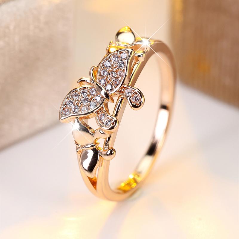 Mode Gold Farbe Zirkon Schmetterling Ringe für Frauen Elegante Hochzeit Ring Partei Schmuck Geschenke 10 gold
