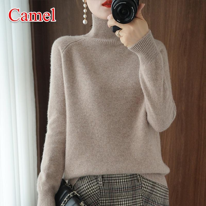 Wolle Reine Kaschmir Pullover Damen Pullover Pull Femme Herbst Winter Hoher Hals Strickpullover Rollkragen Pullover XXL kamelfarben