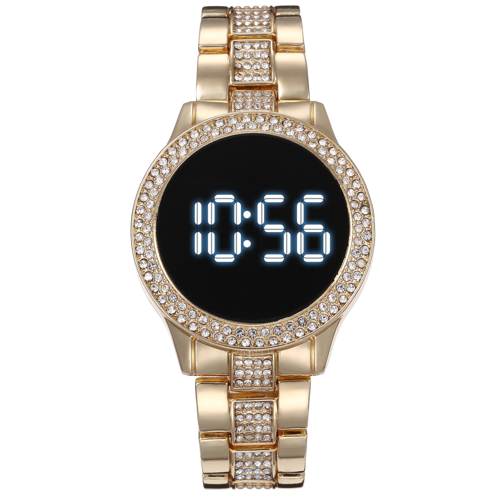 Touchscreen LED Digital Frauen Uhr Strass Damen Edelstahl Armbanduhren Quarz Uhren gold