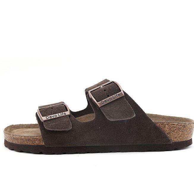 Klassische Kork-Gummi-Sohle Wildleder-Sandalen Weiche Sohle Verstellbare Schnalle Rutschfeste Sandalen Strand-Freizeit-Slipper für Paare Sandalias 42 dunkelbraune