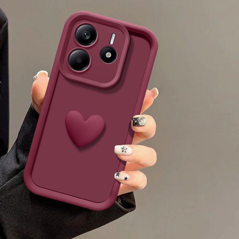 Für Xiaomi Redmi Note 14 4G Hülle Redmi Note 14 5G Handyhülle note14 4G Matte Rückseite 3D Niedlich Liebesherz Silikon Handyhülle For Redmi Note14 4G wein rot