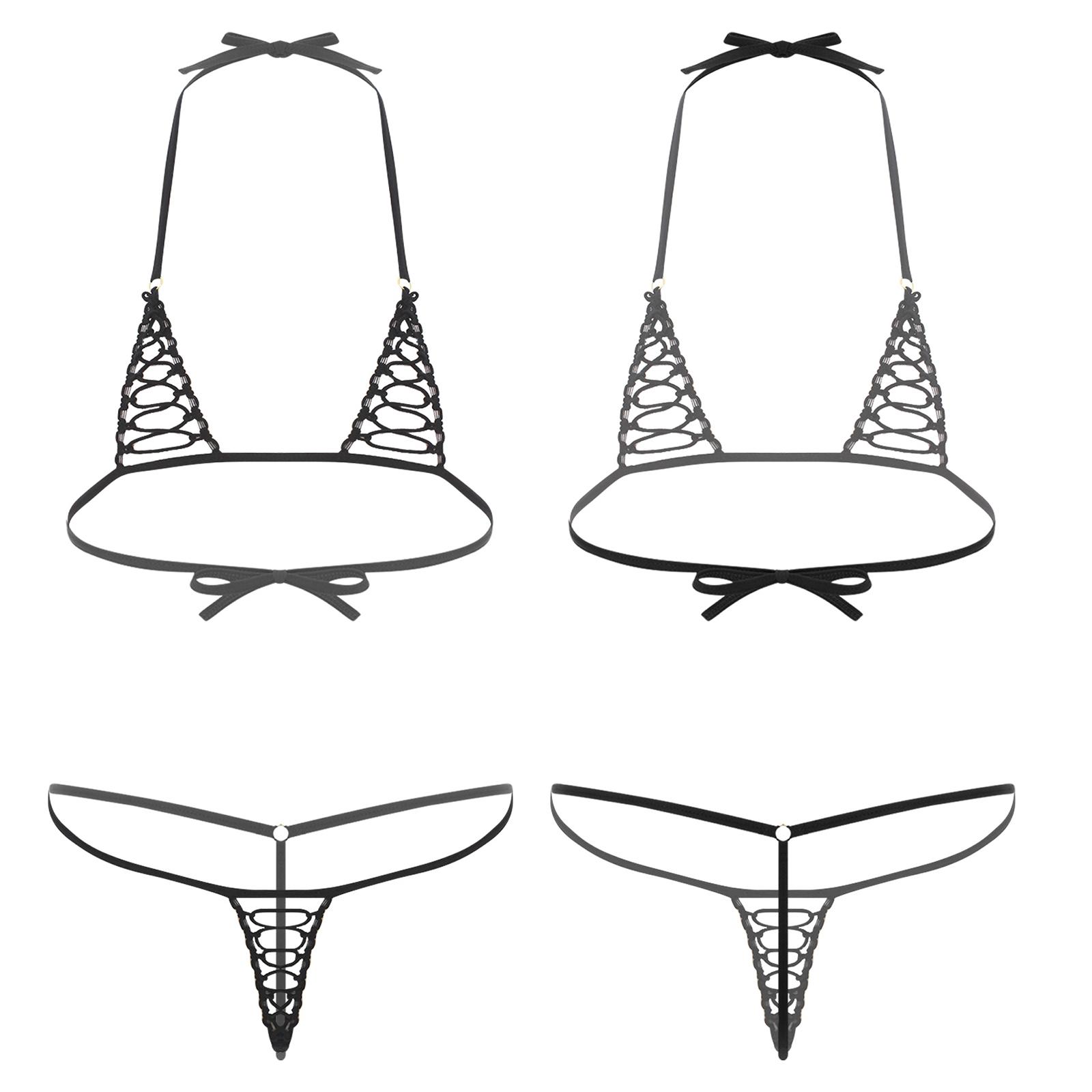 Damen Mikro Bikini Set Ausgeschnittene Cups Neckholder BH Oberteil mit T-Rücken G-String String Unterwäsche für Schwimmen Strand One Size