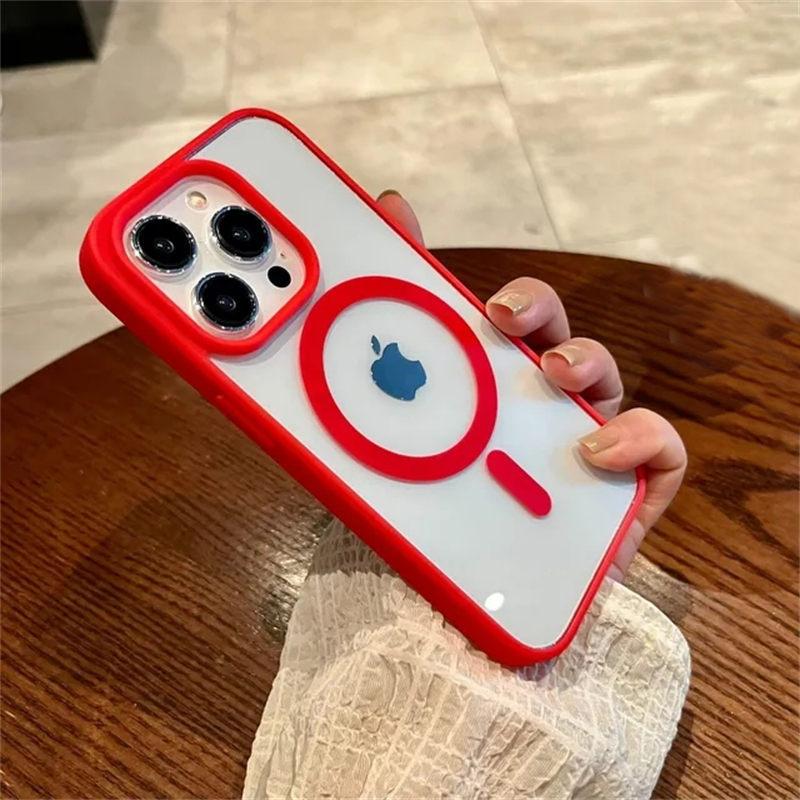 Luxuriöse transparente Magsafe-Hülle für iPhone 16 15 14 13 12 11 Pro X XS XR Max Mini 7 8 Plus SE 2022 Magnetische kabellose Ladeabdeckung iPhone 15 Plus rot