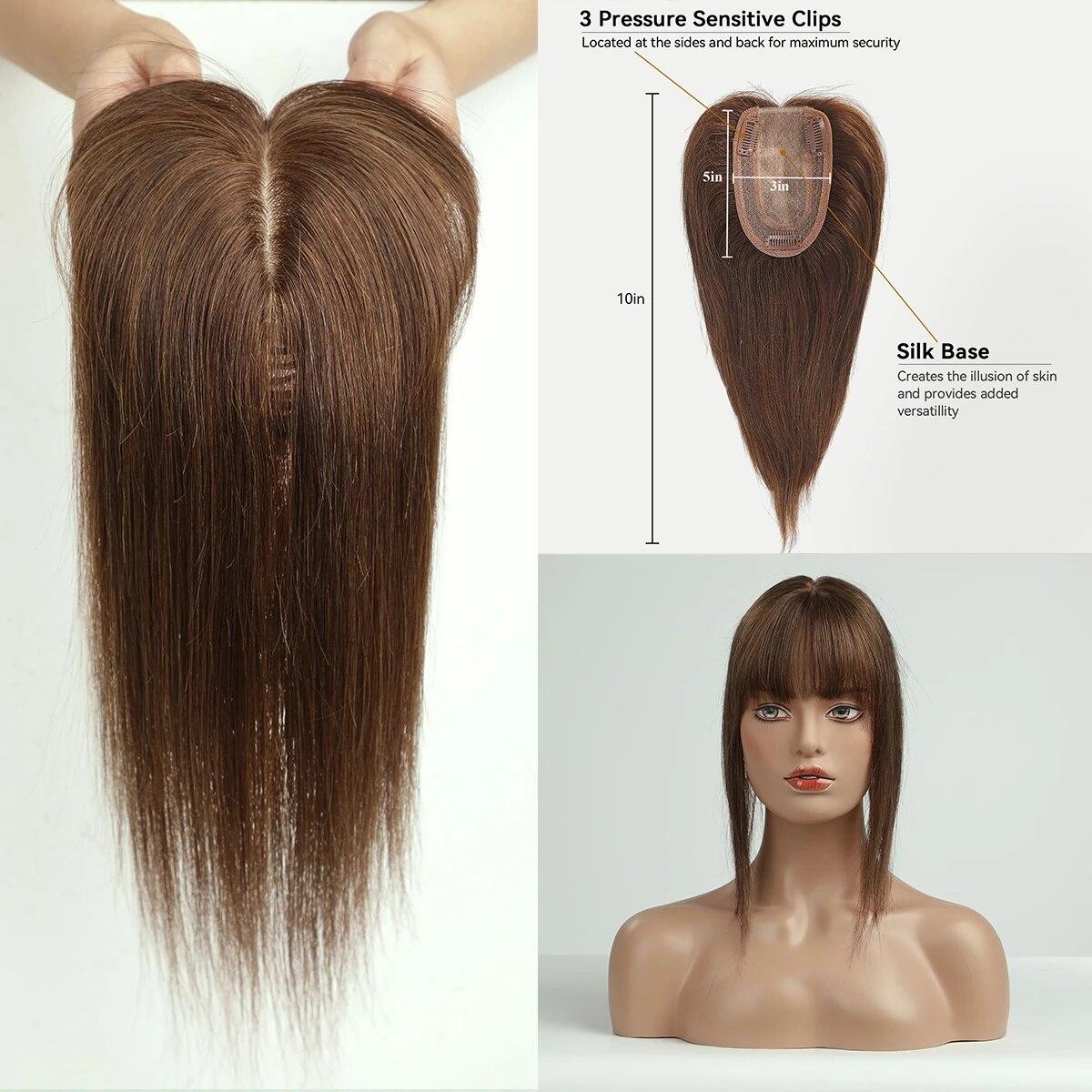 HAIRCUBE Glatter Remy-Echthaar-Topper mit Pony, Toupet-Haarteil, Seidenbasis, Clip-in-Topper, Oberhaar, für Haarausfall, Frauen, Ombré-Blond 25cm