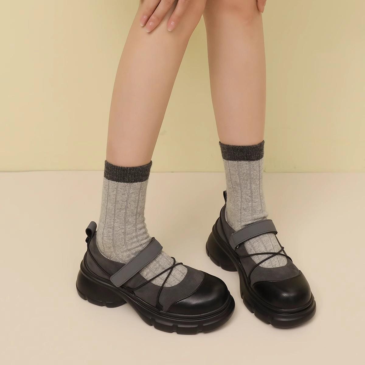 Damen Frühlings- und Sommerschuhe Mary Jane mit dicker Sohle, Absatzsteigernde Schuhe aus PU-Leder, Lässige Klettverschluss-Einzelne Schuhe, Le Fu Schuhe 40 grau