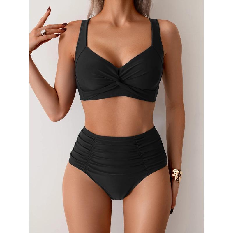 2026 Neue Einfarbige Bikini-Sets mit Hoher Taille Badeanzug für Damen Push-Up Bademode Damen Zweiteilig Badeanzug Strandmode Badeanzug L schwarz
