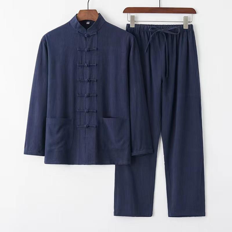 Baumwolle und Leinen Tang-Anzug Chinesischer Stil Langärmeliger Anzug Herren Chinesischer Stil Retro Locker Hanfu Tai Chi Oberteil Zen-Kleidung Freizeitkleidung XXXXXL navy blau