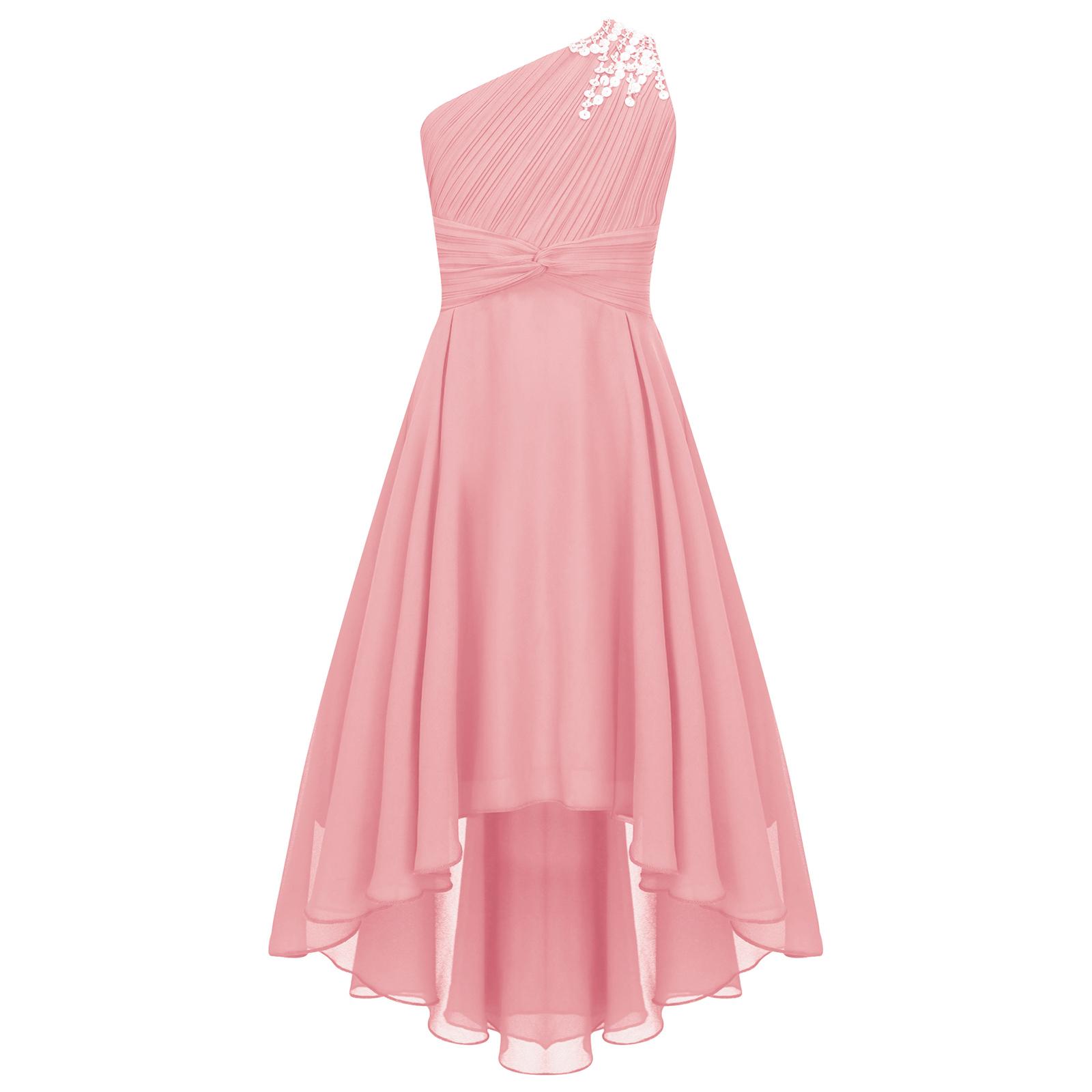 Mädchen Elegantes Ein Schulter Hochzeitskleid Gerafft Glänzend Perlenbesetzt Ärmellos Hohe Taille High Low Saum Partykleid 7-8 Years rosa
