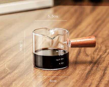 Massivholzgriff Kännchen Doppelmund Kaffeemaschine Milchkännchen Glasbehälter Hitzebeständiger Glasbecher Mini-Espresso-Extraktionskännchen 100ml gray