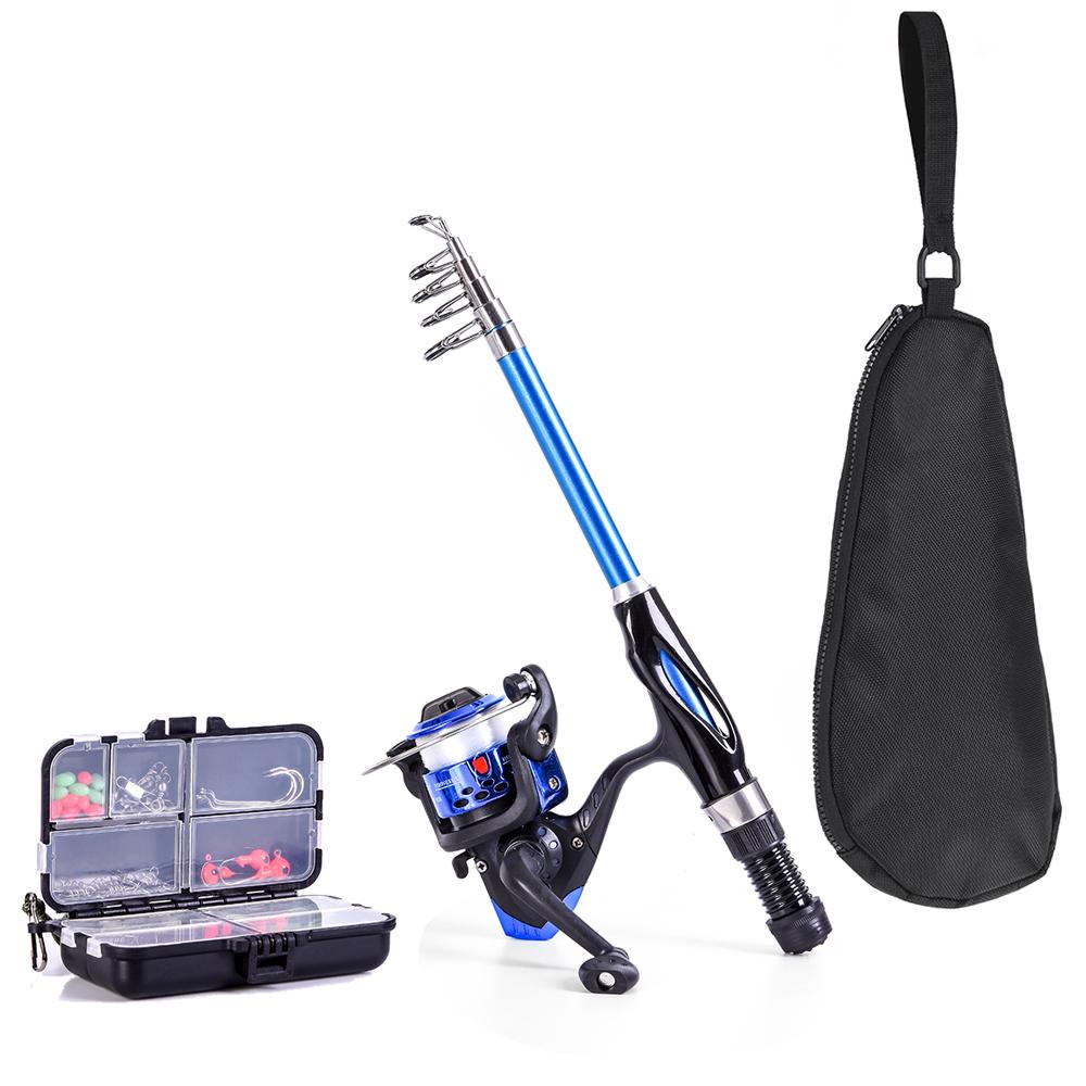 Blusea Angelruten- und Rollen-Kombi-Komplettset, 1,3 m Teleskop-Angelruten-Spinnrollen-Set mit Haken