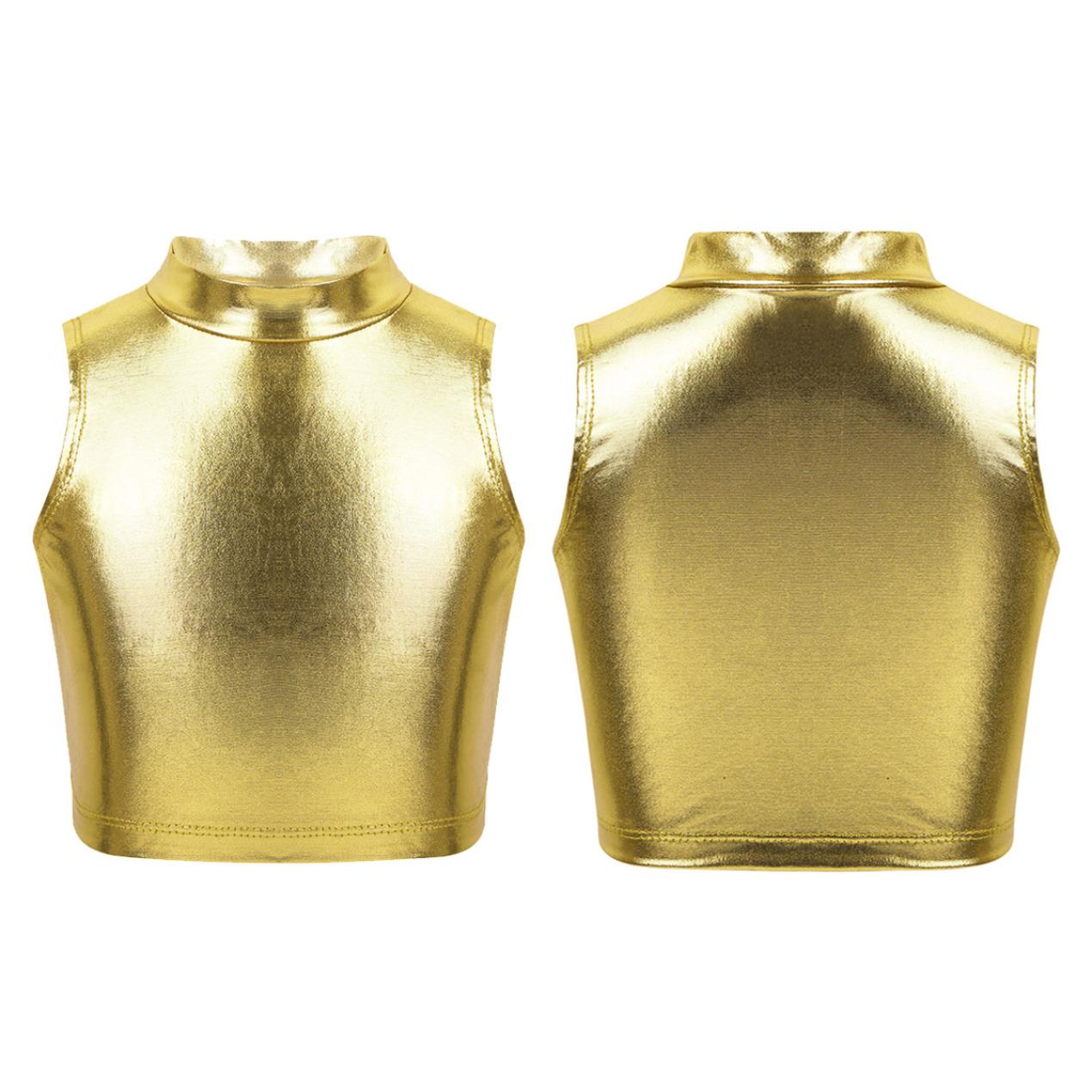 Mode Mädchen Shiny Metallic Ärmellose Rollkragen Crop Tank Tops Gymnastik Cami Tank Top Dancewear 15-16 Years gold