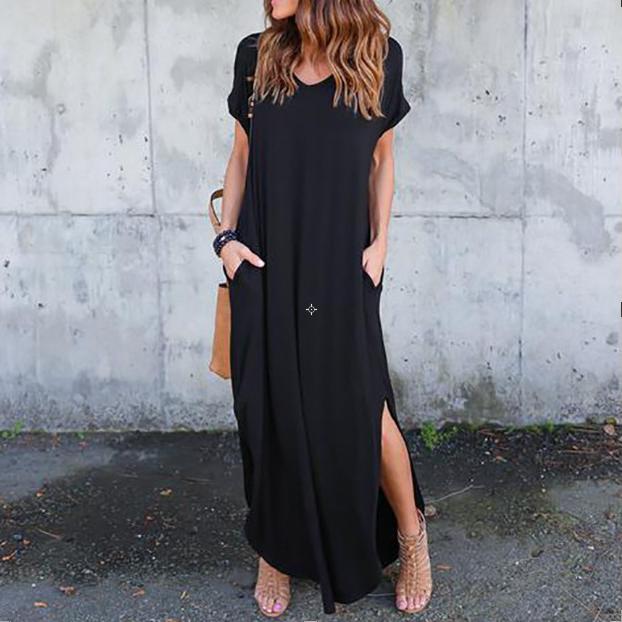 Plus Größe 5XL Sexy Frauen Kleid Sommer 2022 Feste Beiläufige Kurzarm Maxi Kleid Für Frauen Lange DressLady Kleider S schwarz