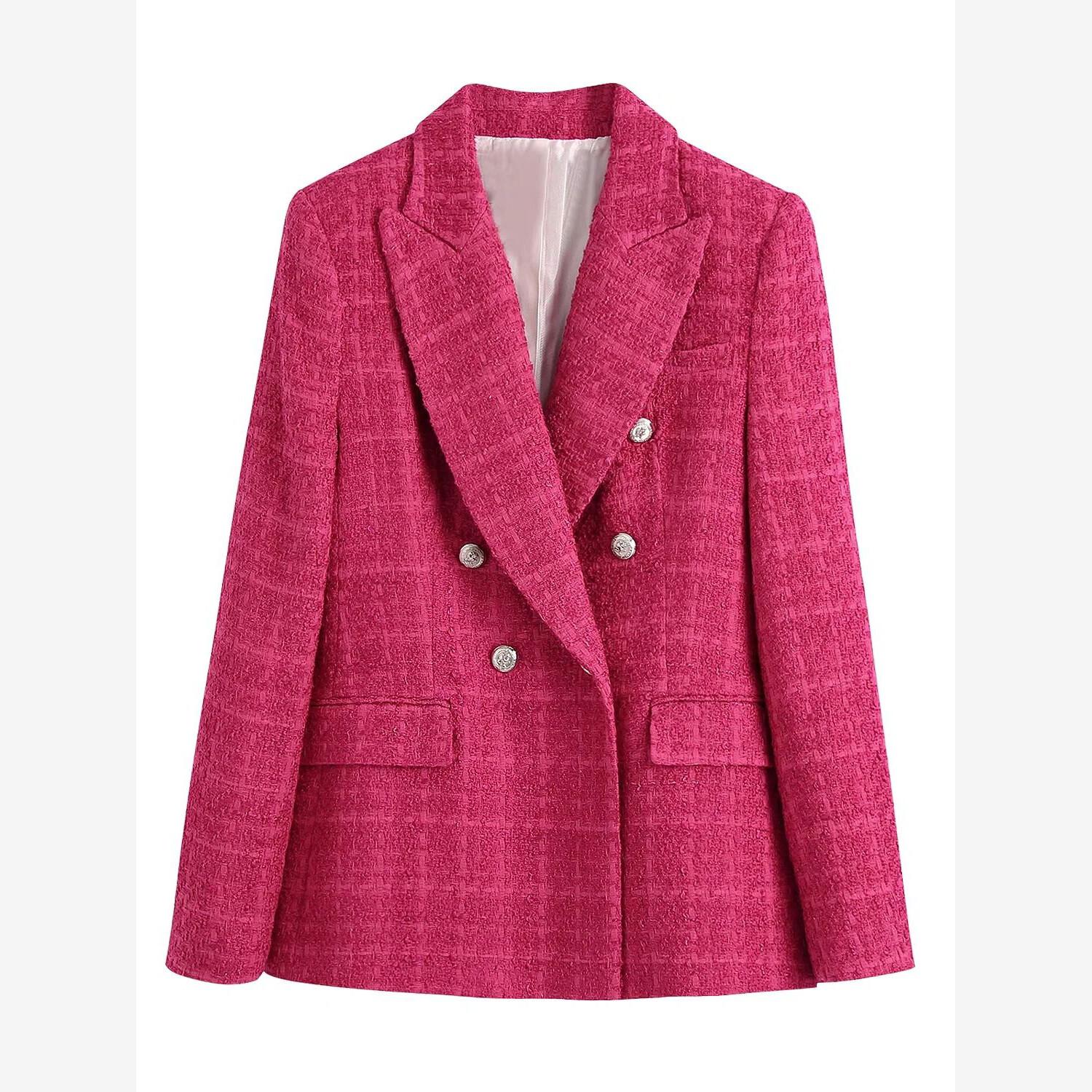 Damen-Blazer, Frühlingsmode, lässig, High Street, zweireihig, Tweed, Büro-Blazer XS rose rot