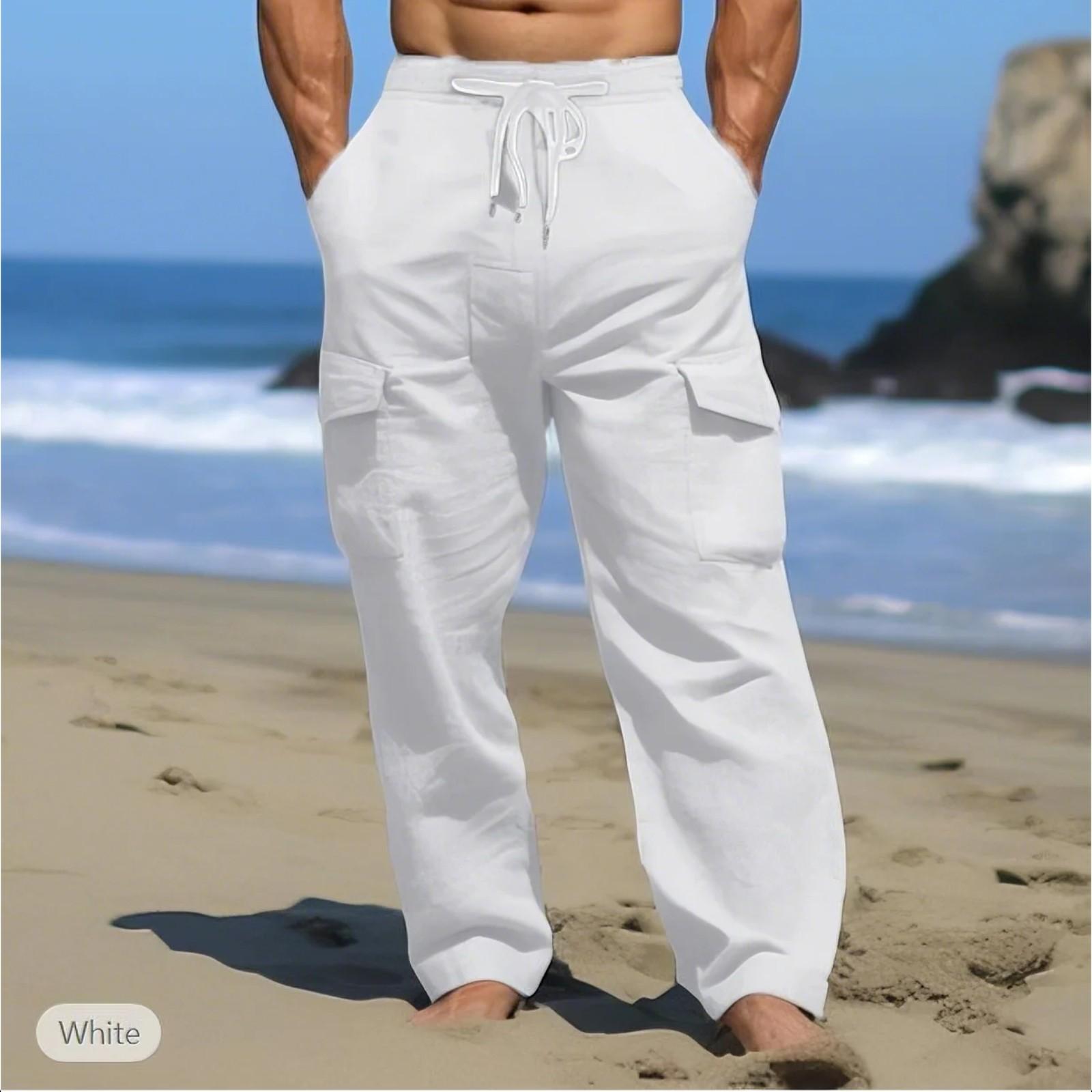 Sommer Bequeme Atmungsaktive Outdoor-Herrenhose Pull Rope Multi-Pocket Straight Leg Tägliche Outdoor-Freizeithose aus Baumwolle und Hanf M weiß