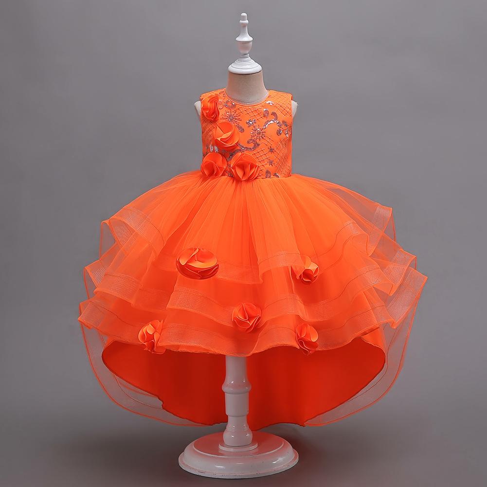 Mädchen Kleider Schwanz Prinzessin Kleider Blumenmädchen Mädchen Walking Host Klavier Performance Kleidung Puffy Abendkleider Sommer 160cm orange