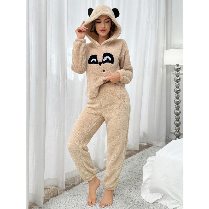 Beige Bär Damen-Pyjama-Sets Herbst Winter Lange Ärmel Lange Hosen Nachtwäsche mit Kapuze Flanell-Pyjamas Niedlicher Pyjama Weicher bequemer Pyjama XL