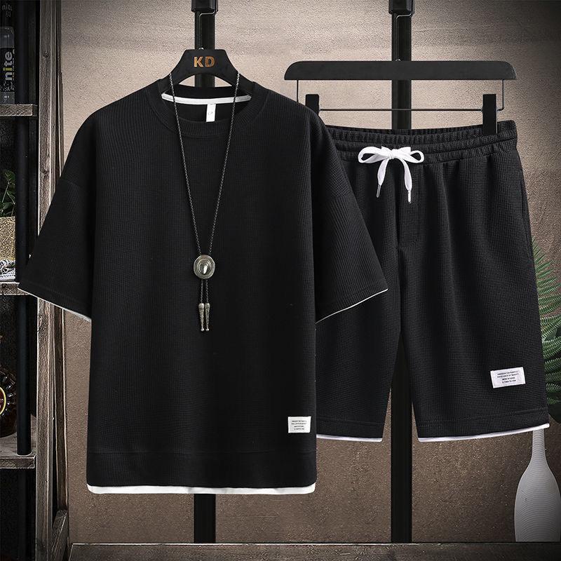 Herren Sommer Sets mit Waffelmuster, lässiges T-Shirt + Shorts Set, männlicher Sportanzug, einfarbig, Trainingsanzug, lockere Anzüge XXL schwarz
