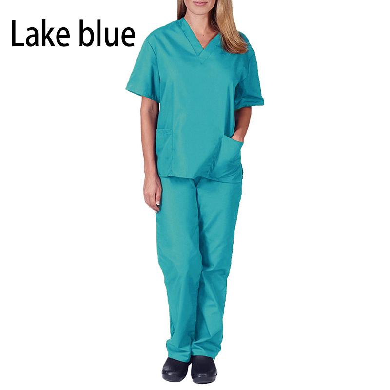 2-teiliges Sommer-Outfit, dünnes, solides Oberteil + lockere Hose, kurze Ärmel, schnell trocknend, Krankenschwester-Anzug, V-Ausschnitt, Krankenpflege, Arbeit M see-blaue