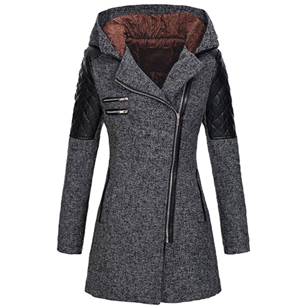 Mittellanger Woll-Windbreaker mit Kapuze für Damen mit schrägem Reißverschluss – warmer Wintermantel XL black