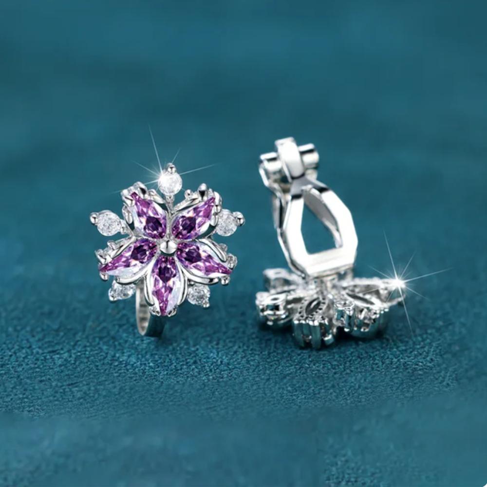 Süße rosa Kristall Sakura Clip-Ohrringe für Frauen kein Ohrloch Zirkon Blume Ohrringe Hochzeit Braut Party Schmuck Geschenke silber/violett